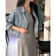 批发2026简约翻领半袖牛仔短外套衬衣上
