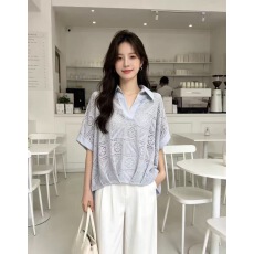 批发2026韩国东大门春装女装新款翻领镂空小清新前短后长短袖衬衫