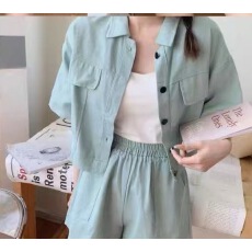 批发夏季短款开衫上衣女<b class='q'>韩版</b>时尚高腰工装休闲短裤减龄套装