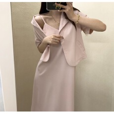 批发<b class='q'>韩国</b>chic春夏新品简约短袖西服外套+吊带连衣裙长裙两件套装