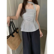 批发<b class='q'>春</b>夏款韩系甜辣挂脖蓝色条纹内搭打底衫女小个子无袖吊带背心上衣