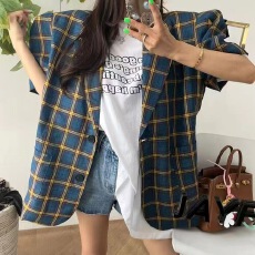批发原版 2026韩国chic短袖格子西服外套女