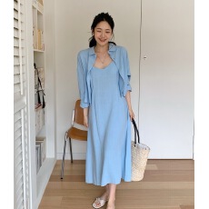 批发韩国东大门chic新款复古纯色吊带连衣裙+<b class='q'>外套</b>纯美淑雅减龄二件套