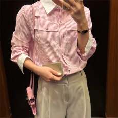 批发韩国chic时尚休闲条纹衬衫 拼色长袖韩版衬衣 百搭衬衫