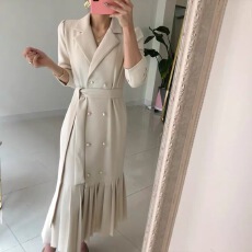 批发韩版chic法式<b class='q'>双排扣</b>压褶西装式绑带收腰轻熟风连衣裙