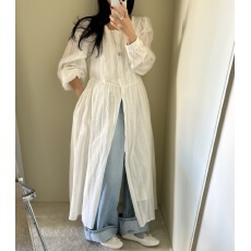 批发法式立领刺绣提花设计褶皱收腰显瘦灯笼袖长款连衣裙
