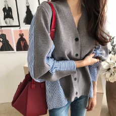 批发韩版时尚小清新条纹衬衫拼接<b class='q'>针织</b>开衫外套