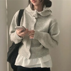 批发<b class='q'>韩国</b>连帽纯色针织开衫女韩系2026新款高领极简休闲百搭毛衣外套