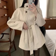 批发chic <b class='q'>韩版</b>冬季时尚复古高领英伦系带收腰休闲毛呢<b class='q'>风衣外套</b>大衣