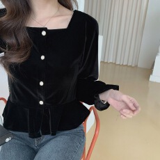 批发有货黑色丝绒方领上女2026新款早秋金丝绒气质<b class='q'>泡泡袖</b>高级感