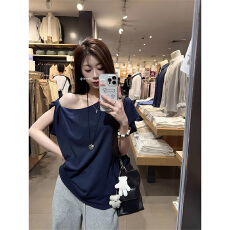 批发辣妹休闲露肩灰色短袖<b class='q'>T</b>恤女夏季新款纯色设计感小众宽松斜肩上衣