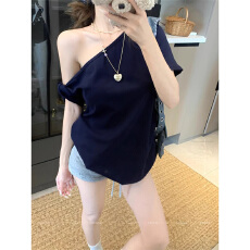 批发辣妹休闲露肩灰色短袖<b class='q'>T</b>恤女夏季新款纯色设计感小众宽松斜肩上衣