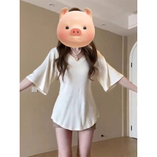 批发慵懒风松弛感上衣女V领五分<b class='q'>袖</b><b class='q'>t</b><b class='q'>恤</b>女修身收腰显瘦纯色优质棉短<b class='q'>袖</b>女