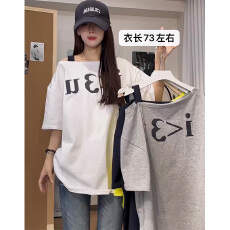 批发夏季新款韩版露肩与锁骨设计洋气斜肩字母时尚百搭T恤宽松潮