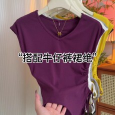 批发褶皱抽绳<b class='q'>V领</b>纯色无袖<b class='q'>T</b><b class='q'>恤</b>女2025夏季新款设计感气质百搭显瘦上衣