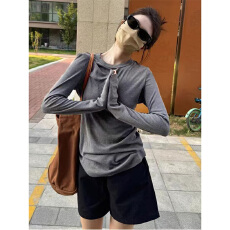 批发灰色圆领<b class='q'>长袖</b>T恤女早秋薄款慵懒宽松小个子休闲防晒罩衫上衣