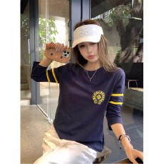 批发学院风撞色圆领印花长袖T恤女秋季小众百搭<b class='q'>显瘦</b>休闲上衣