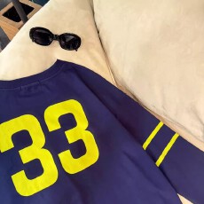 批发美式简约数字印花长袖T恤男女宽松百搭小众高级感打底衫