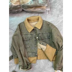 批发美式复古慵懒风撞色翻领牛仔外套女秋<b class='q'>冬</b>加绒新款小众休闲风上衣潮