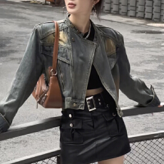 批发复古港风<b class='q'>牛仔</b>外套2024秋季新款设计宽松短款立领高腰外套<b class='q'>夹克</b>上衣