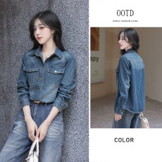 批发复古蓝色牛仔衬衫女小个子2024春秋新款内搭港味<b class='q'>长袖</b>衬衣叠穿外套