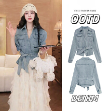 批发美式复古牛仔外套女2026新款春季高级感气质收腰系带显瘦翻领上衣