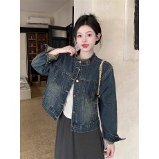 批发复古美式外套春秋2025新款宽松设计立领<b class='q'>百搭</b>牛仔短款夹克上衣