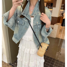 批发乌77港风短款牛仔外套女复古水洗宽松<b class='q'>百搭</b>小个子翻领夹克上衣春秋