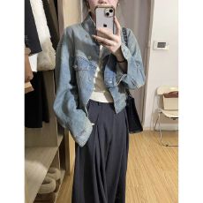 批发春秋外套女设计感小众网红港味复古长袖短款<b class='q'>百搭</b>立领牛仔夹克上衣