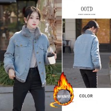 批发冬季加厚毛绒上衣短款牛仔外套秋冬2024新款高级感欧货湖蓝色