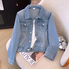 批发蓝色牛仔外套女2025春秋时尚<b class='q'>百搭</b>新款韩系独特长袖翻领夹克上衣