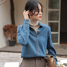 批发港味宽松显瘦<b class='q'>牛仔</b><b class='q'>衬衫</b>女春秋新款简约叠穿设计感长袖<b class='q'>衬衣</b>气质上衣