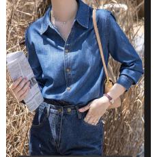 批发不卷边蓝色软牛仔衬衫女秋冬季内搭叠穿长袖衬衣小个子正肩上衣