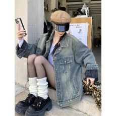 批发男女同款情侣痞帅加绒加厚牛仔外套女秋<b class='q'>冬</b>季美式复古工装夹克上衣