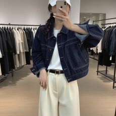 批发春秋复古深蓝<b class='q'>街头</b>美式做旧翻领宽松系扣夹克外套开衫女上衣牛仔衣