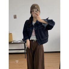 批发秋装复古深蓝<b class='q'>街头</b>美式做旧翻领宽松系扣夹克外套开衫女上衣牛仔