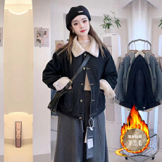 批发羊羔毛外套女<b class='q'>冬</b>季今年流行爆款时尚加绒加厚毛领短款牛仔夹克上衣