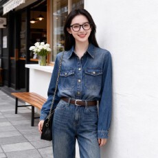 批发韩版深蓝色牛仔外套女秋季翻领单排扣港风高级时尚减龄百搭上衣<b class='q'>潮</b>