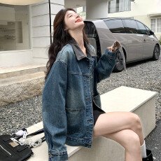 批发港风chic复古牛仔外套女春秋季慵懒风bf宽松pu皮拼接翻领夹克上衣