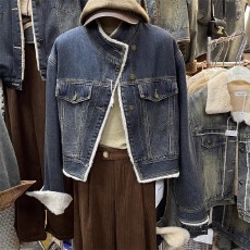 批发加绒牛仔外套女冬季新款设计感港风复古短款宽松加厚立领斜扣夹克