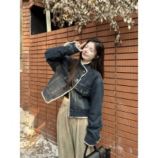 批发秋冬季加绒加厚复古立领斜扣牛仔外套女小个子深蓝色短款夹克上衣