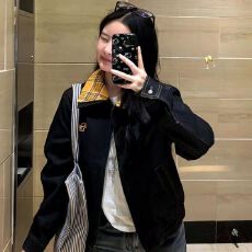 批发美式高街格纹拼接翻领牛仔短外套女2026春季新款修身小众夹克上衣