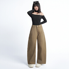 批发水洗弯刀<b class='q'>牛仔裤</b>女美式复古棉水卡其色宽松阔腿裤百搭显瘦女