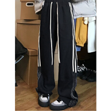 批发美式侧条纹休闲裤女春秋大码胖mm高腰显瘦垂感直筒<b class='q'>西装</b>阔腿运动裤