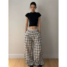 批发立体腰头-松弛感慵懒风格纹排扣阔腿休闲<b class='q'>裤</b>女夏新款宽松垂感显瘦