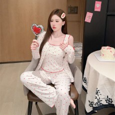 批发<b class='q'>睡衣</b>女春秋<b class='q'>莫代尔</b>棉桃心印花舒适长袖长裤吊带三件套加胸棉家居服