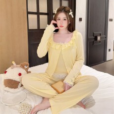 批发<b class='q'>睡衣</b>女春秋<b class='q'>莫代尔</b>棉可外穿纯色长袖吊带长裤三件套加胸棉家居服