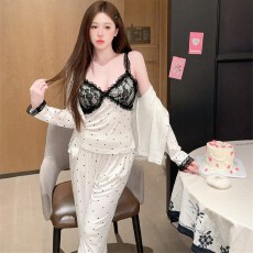 批发宫廷风甜美蕾丝波点<b class='q'>睡衣</b>女春秋季长袖长裤吊带胸棉家居服套装