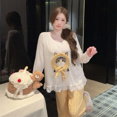 批发<b class='q'>睡衣</b>女春夏秋季<b class='q'>莫代尔</b>棉黄格子猫咪舒适可爱长袖长裤套装家居服