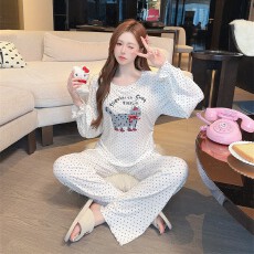 批发<b class='q'>睡衣</b>女夏季<b class='q'>莫代尔</b>棉简约波点灰色猫舒适可爱长袖长裤套装家居服